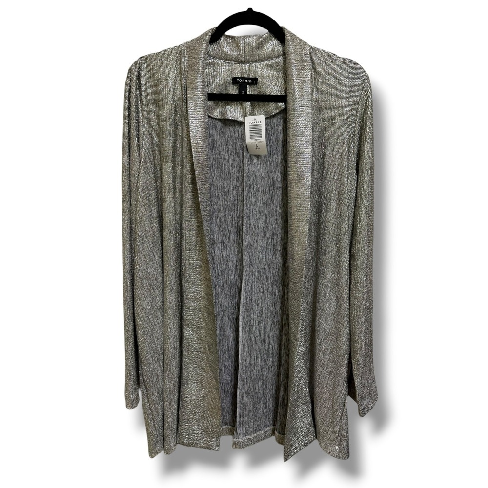 Torrid Metallic Knit Open Front Cardigan Silver Shimmer Plus Size 2 2X NWT NEW - Picture 6 of 10